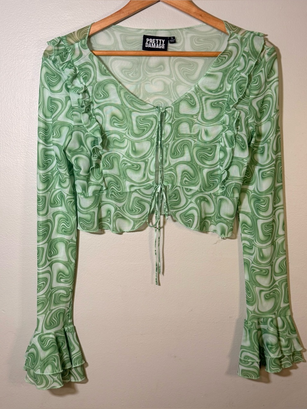 Pretty Damage Green Swirl Mesh Tie Front Crop Top Size S Y2K Ruffle Bell Sleeve